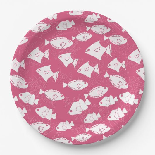 Witte vis zwemmen op roze Zee Papieren Bordje (Voorkant)