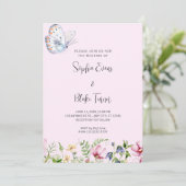 Witte vlinder en wilde bloemen Bleek Roze bruiloft Kaart (Staand voorkant)