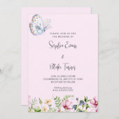 Witte vlinder en wilde bloemen Bleek Roze bruiloft Kaart (Voorkant / Achterkant)