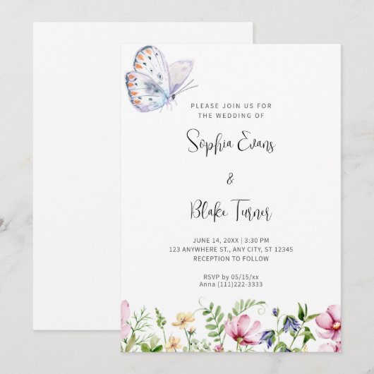 Witte vlinder en wilde bloemen Wit huwelijk Kaart (Voorkant / Achterkant)