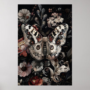 Witte vlinder in donkere bloementuin, sombere mot poster