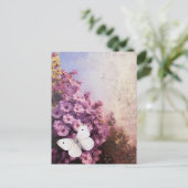 Witte vlinder paarse bloemen impressionist briefkaart (Staand voorkant)