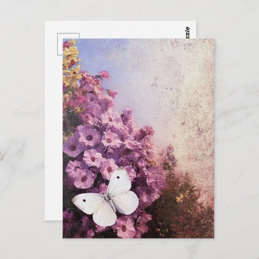 Witte vlinder paarse bloemen impressionist briefkaart (Voorkant / Achterkant)