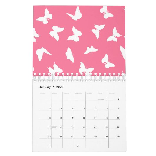 Witte vlinder Roze achtergrond esthetisch patroon Kalender (Jan 2027)