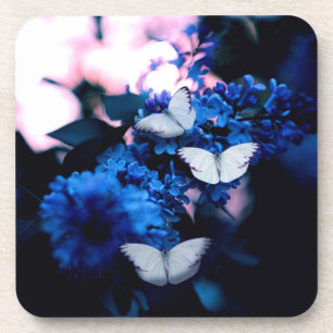 Witte vlinders Blauwe bloemen, vlinder Bier Onderzetter