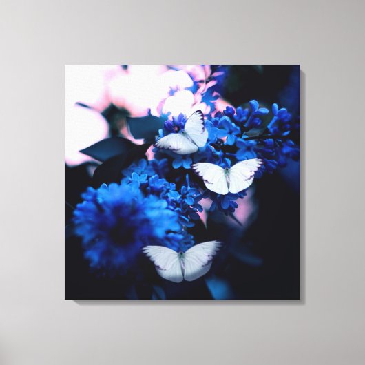 Witte vlinders Blauwe bloemen, vlinder Canvas Afdruk (Voorkant)