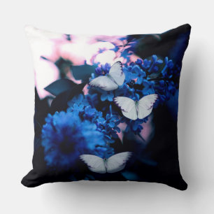 Witte vlinders Blauwe bloemen, vlinder Kussen