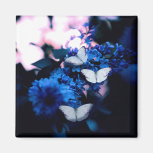 Witte vlinders Blauwe bloemen, vlinder Magneet