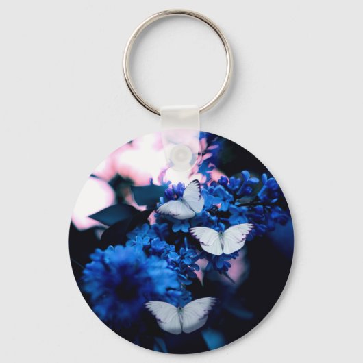 Witte vlinders Blauwe bloemen, vlinder Sleutelhanger (Voorkant)