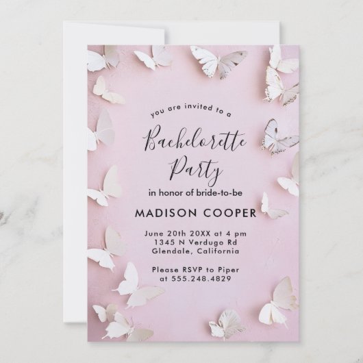 Witte vlinders en roze vrijgezellenfeest kaart (Voorkant)