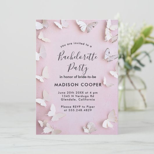 Witte vlinders en roze vrijgezellenfeest kaart (Staand voorkant)