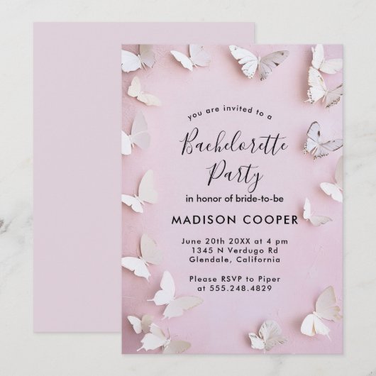 Witte vlinders en roze vrijgezellenfeest kaart (Voorkant / Achterkant)