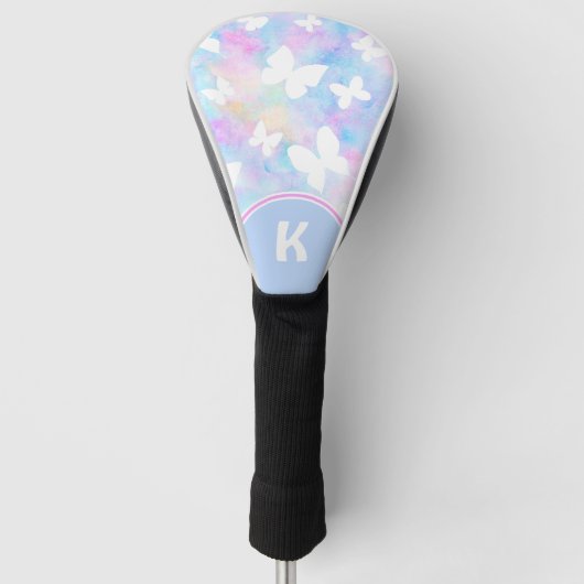 Witte vlinders met blauwe & roze bloemen golfheadcover (Voorkant)