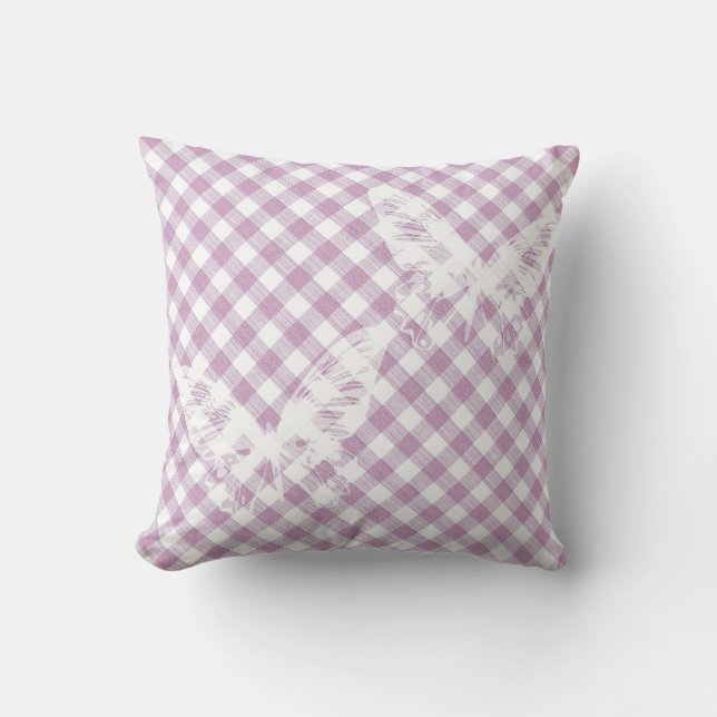 Witte vlinders op kussen met roze ruiten (Voorkant)