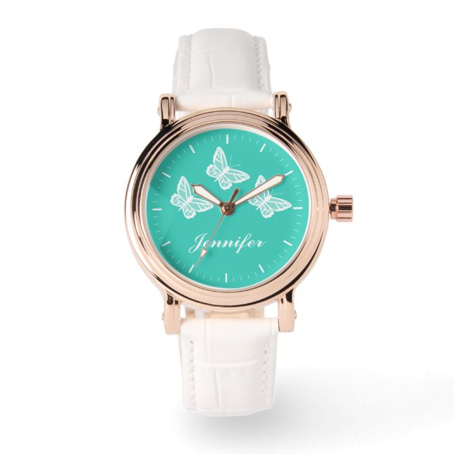Witte vlinders op turquoise en op maat horloge (Voorkant)