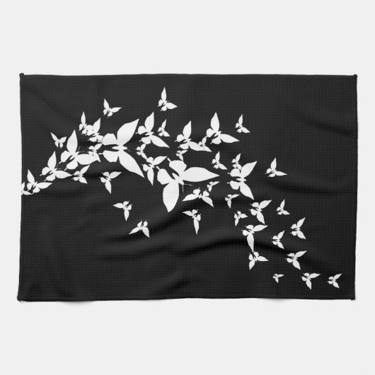 Witte vlinders op zwart theedoek (Horizontaal)