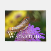 Witte vlindervlinder op paarse bloei deurmat (Voorkant)
