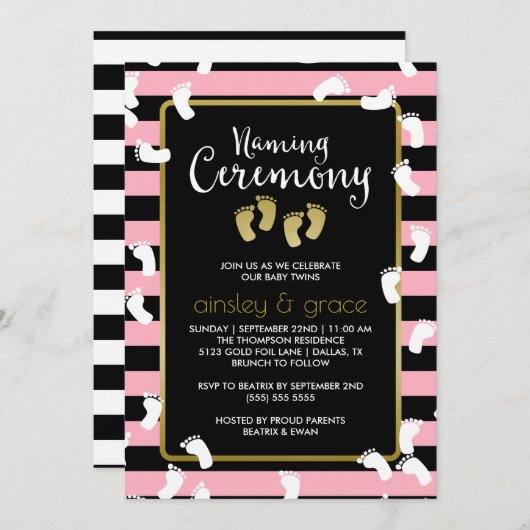 Witte Voetafdrukken Roze Tweeling Naming Ceremonie Kaart (Voorkant / Achterkant)