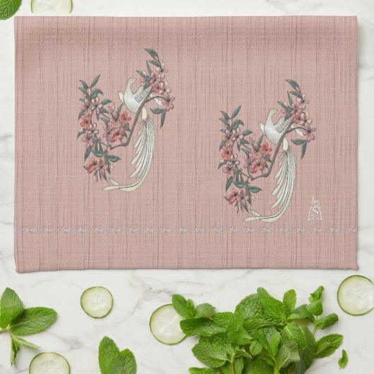 Witte Vogel - Kersenbloesemperzik Theedoek (Gevouwen)