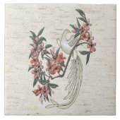 Witte Vogel & Kersenbloesems op Berken Keramische Tegeltje (Voorkant)