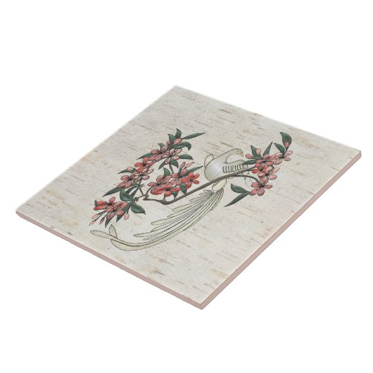 Witte Vogel & Kersenbloesems op Berken Keramische Tegeltje (Zijkant)