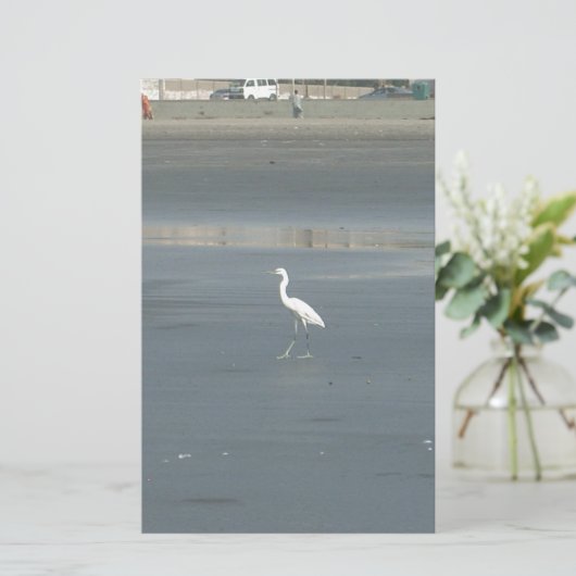 Witte vogel op grijs zand strand art print briefpapier (Staand voorkant)