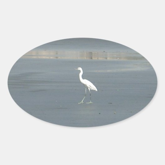 Witte vogel op grijs zand strand art print ovale sticker (Voorkant)