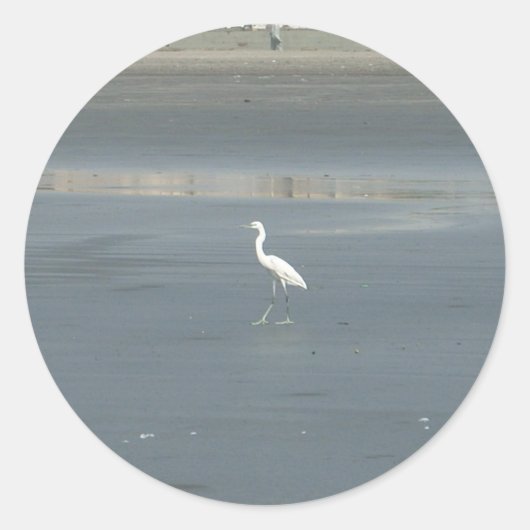 Witte vogel op grijs zand strand art print ronde sticker (Voorkant)