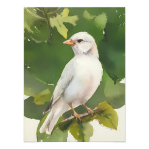 Witte vogel op groene bladrijke tak foto afdruk