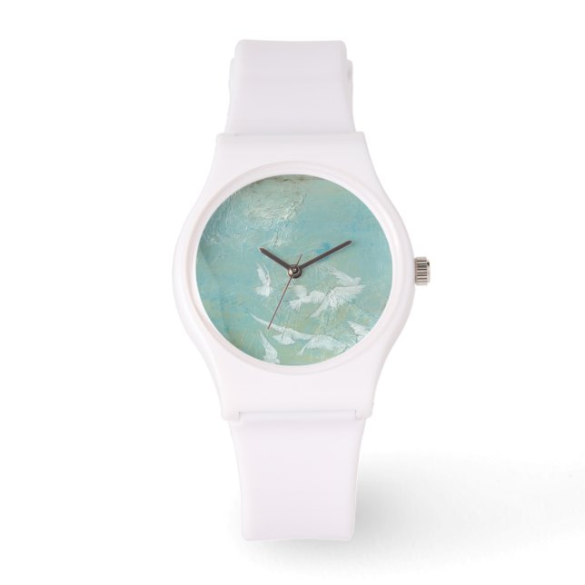 Witte vogels vliegen door de blauwe hemel horloge (Voorkant)