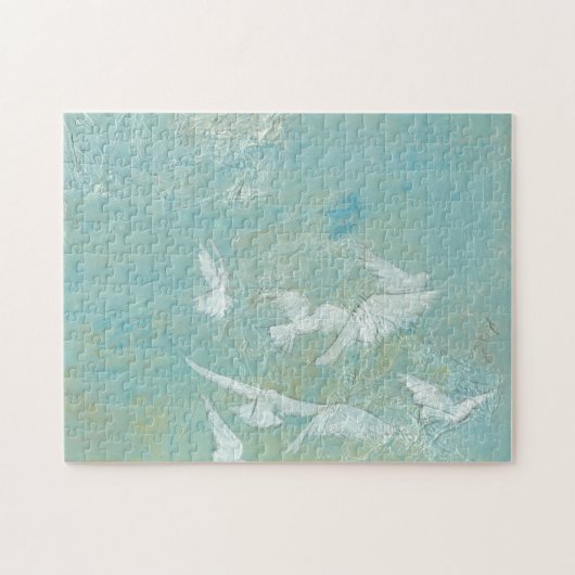 Witte vogels vliegen door de blauwe hemel legpuzzel (Horizontaal)