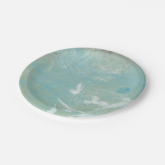 Witte vogels vliegen door de blauwe hemel papieren bordje (Gekanteld)