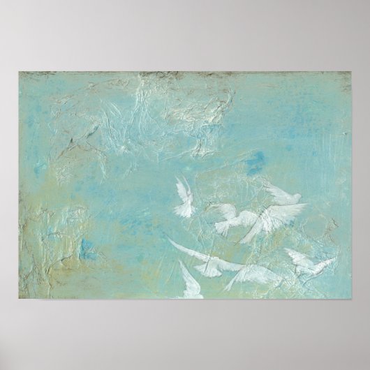 Witte vogels vliegen door de blauwe hemel poster (Voorkant)
