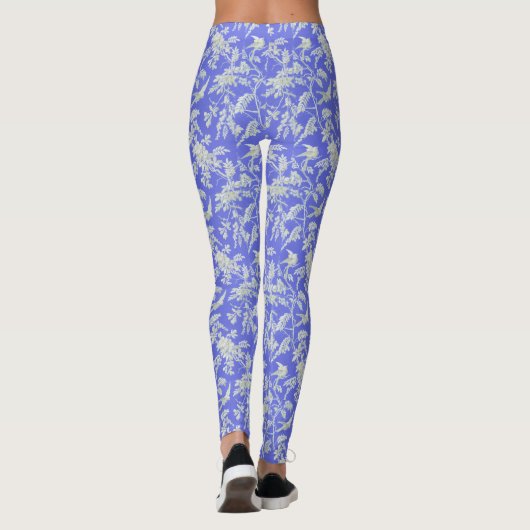 witte vogeltjes en bloemetjes op blauw leggings (Achterkant)