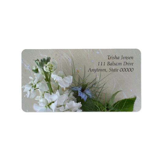 Witte voorraad met nigellabloemen etiket (Voorkant)