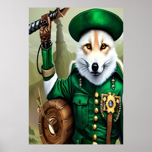 Witte vos in groene kleding | AI Art Poster (Voorkant)