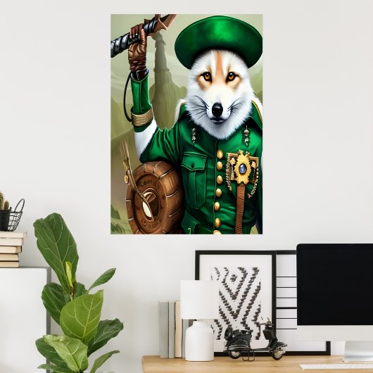 Witte vos in groene kleding | AI Art Poster (Thuiskantoor)