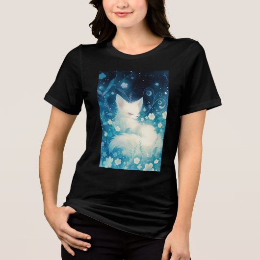 Witte Vos Slapend in Bloemen Tri-Blend Shirt (Voorkant)