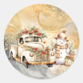 Witte  Vrachtwagen Gouden Sky Sneeuwman Kerstmis Ronde Sticker (Voorkant)