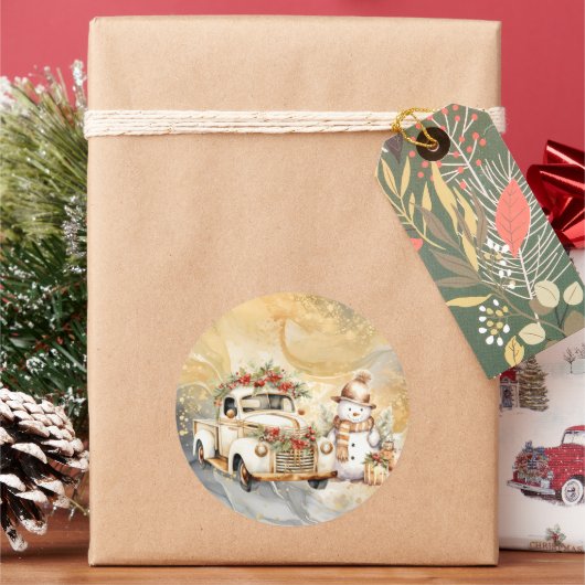 Witte  Vrachtwagen Gouden Sky Sneeuwman Kerstmis Ronde Sticker (Feestdagen)
