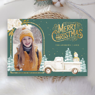 Witte vrachtwagen sneeuwman goud kerstfoto turquoi feestdagenkaart