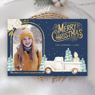 Witte Vrachtwagen Snowman Gouden Kerst Foto Marine Feestdagenkaart