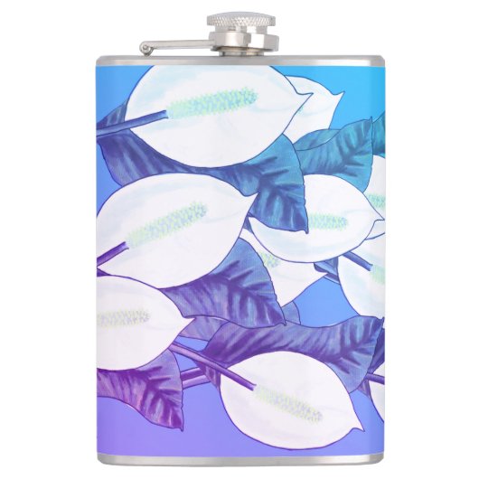 Witte Vredeslelie Illustratie Bord Blauw Paarse Heupfles (Voorkant)