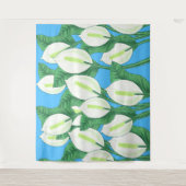 Witte vredesleugens op bleek blauw achtergrondweef wandkleed (Voorkant)