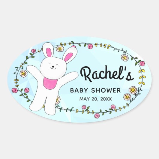 Witte Vrolijke Bunny Woodland Blauwe Envelopzegel Ovale Sticker (Voorkant)