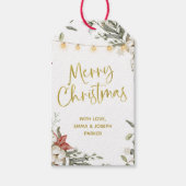 Witte vrolijke kerst | Winter bloemen en goud Cadeaulabel (Voorkant)