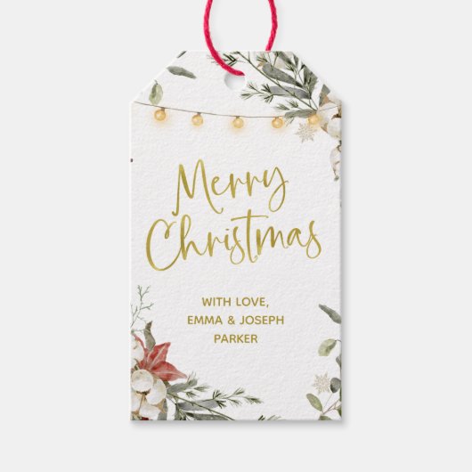 Witte vrolijke kerst | Winter bloemen en goud Cadeaulabel (Voorkant)