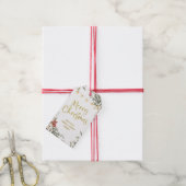 Witte vrolijke kerst | Winter bloemen en goud Cadeaulabel (Met Touw)
