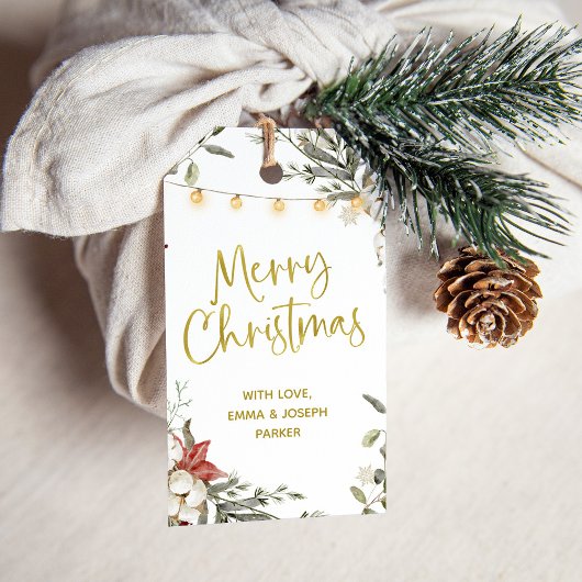 Witte vrolijke kerst | Winter bloemen en goud Cadeaulabel