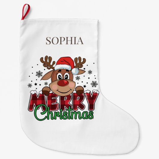 Witte Vrolijke Kerstmis Rendier Aangepaste Naam Grote Kerstsok (Voorkant)